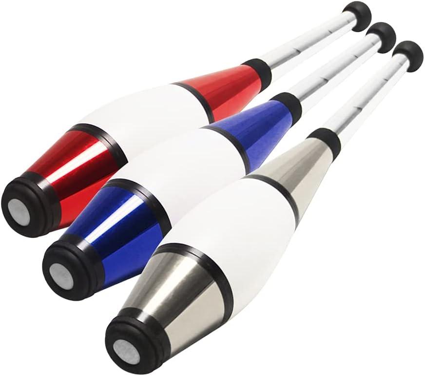 Zeekio - Pegasus Juggling Club Set - Premium Quality - for Beginners, All Levels - Multi-Piece Durable Design - Scuff Resistant - Rubber Knob & Cap - 20.5L - Set of 3 - Blue, Red & Silver, Small