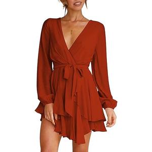 Women's Dress Deep V-Neck Long Sleeve Waist Tie Ruffle Mini Swing Skater Homecoming Dresses XS