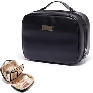 Large Capacity Makeup Travel Bag with Double Clear Sided, Waterproof PU Leather - Ideal Travel Cosmetic Bag for Organizing and Storing Makeup Essentials Valentines Day Gifts,Black