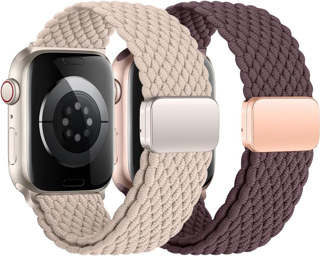 2Pcs Magnetic Braided for Apple Watch Band 41mm 40mm 45mm 44mm Ultra/3/2 49mm 38mm 46mm 42mm Women/Men,Stretchy Elastic Nylon Sport Loop Strap for iWatch Bands series 11 10 9 8 7 6 5 4 3 se 3/2 40 44 (A06-Nude/Cherry)