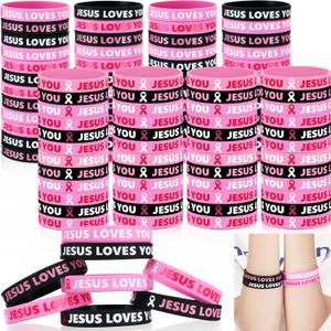 Cunno 100 Pcs Breast Cancer Awareness Pink Ribbon Bracelets Bulk Silicone Wristbands Jesus Loves You Rubber Accessories for Women Breast Cancer Awareness Gifts Supplies Party Favors