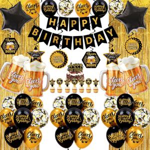 Black and Gold Party Decorations for Men and Women: Happy Birthday Banner, Fringe Curtains, "Cheers to You" Foil Balloons, Hanging Swirls, Photo Props, Birthday Sash