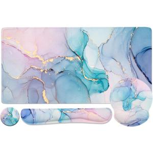 4-in-1 Gaming Mouse Pad Wrist Support SetDesk Pad + Mouse Pad with Wrist Rest + Keyboard Wrist Rest + Coaster, Ergonomic Design for Home Office Study Game - Blue Marble