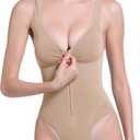 Bodysuit Shapewear For Women Tummy Control Front Invisible Zipper Seamless Deep V Neck Thong Shapewear Bodysuits (Medium, Khaki)