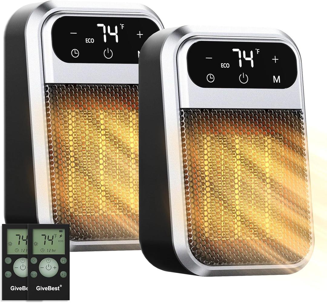 GiveBest 800W Wall Outlet Space Heater with Remote,LED Display Small Plug in Electric Heater with Adjustable Thermostat and Timer for rv and Home Office Bathroom Indoor Use,ETL Listed, 2 Pack, Black
