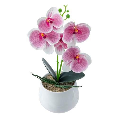 MyGift Faux Pink Orchid Arrangement in White Ceramic Pot – Realistic Artificial Orchid Flowers for Home, Office, or Tabletop Decor