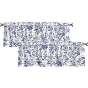 Blue Floral Valances for Windows 2 Pack - Chinoiserie Flower Valance Curtain 54"x18" Farmhouse Leaves Butterfly Short Curtains Window Treatment for Bedroom Living Room Kitchen Windows