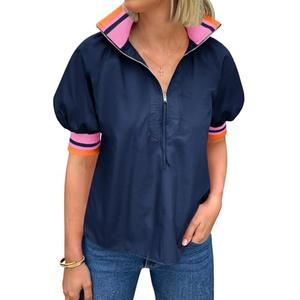 Tankaneo Womens Puff Sleeve Tops Blouse Color Block Half Zip V Neck Pullover Trendy Summer Casual Loose Fit Shirts Navy, Size: M