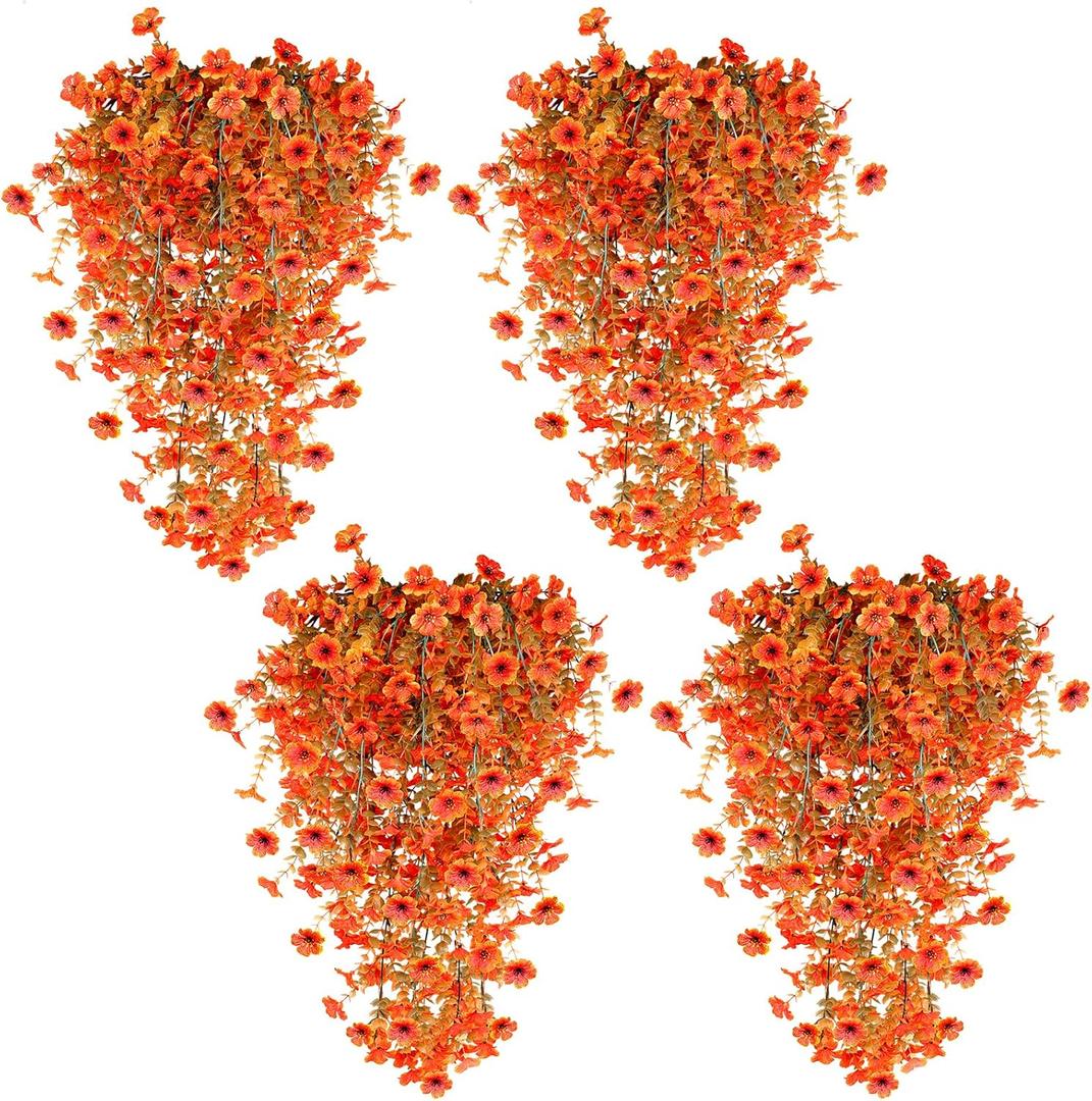 TURNMEON 4 Pcs Artificial Hanging Fall Flowers Fall Decorations, Fake Mums for Outdoors UV Resistant Hanging Plants Faux Silk Daisy Flowers for Autumn Decor Home Indoor Outside Gardens Porch (Orange)