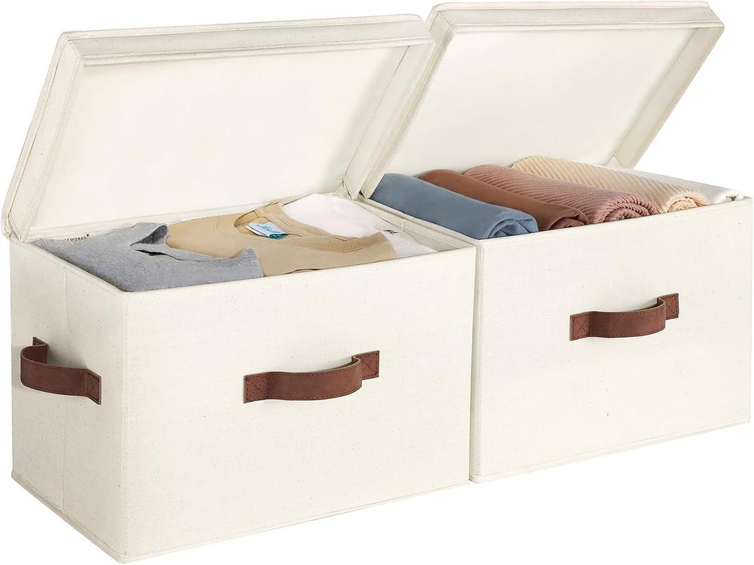 StorageWorks Fabric Storage Bins with Lid, Decorative Storage Boxes for Shelves, Stackable Closet Organizer Basket with Handles, Large, Ivory White, 2-Pack