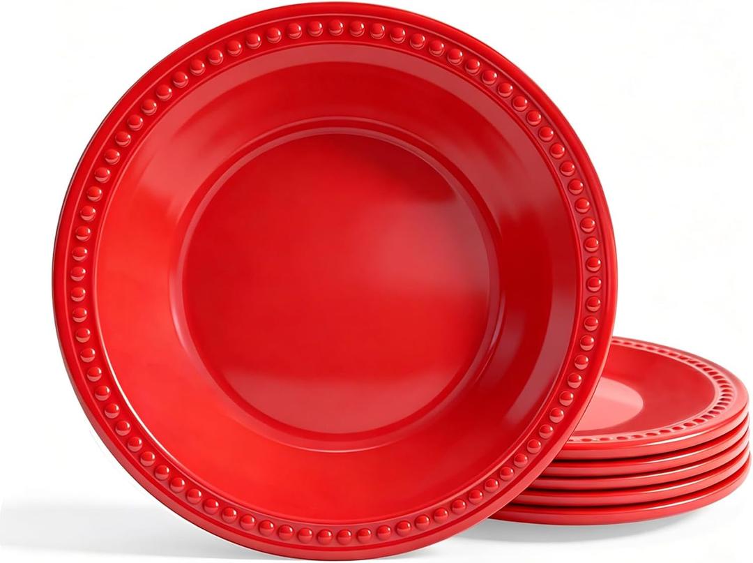 8.5 inch Red Melamine Plastic Beaded Salad Plate Set of 6, BPA Free, Chip & Break Resistant, Lightweight, Great for Dining, Weddings & Everyday Meals