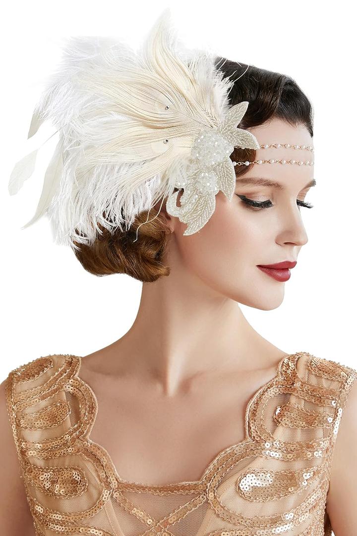 BABEYOND Art Deco 1920s Flapper Headpiece Roaring 20s Great Gatsby Feather Headband 1920s Flapper Gatsby Accessories (White)