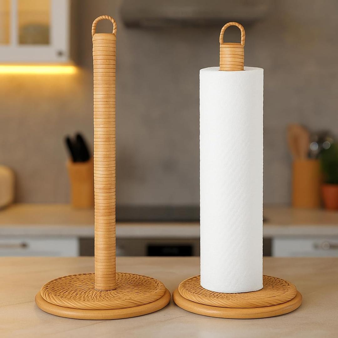 Leinuosen Rattan Paper Towel Holder Woven Wood Paper Towel Stand with Anti Skid Base Boho Holder Dispenser Stand for Kitchen Bathrooms Countertop Decor