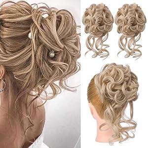 HOOJIH 2PCS Messy Bun Hair Piece, Tousled Updo with Tendrils Hair Bun Extensions Wavy Curly Wrap Ponytail Hairpieces Scrunchies for Women HB010 Dasiy - Medium Blonde