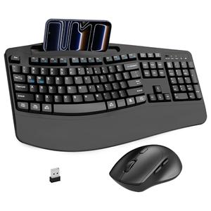 Wireless Keyboard and Mouse Combo, 2.4G Full Size Wave Keys Ergonomic Keyboard with Wrist Rest, Phone Holder, 3-Level DPI Wireless Silent Mouse with 6-Buttons, for Windows, Mac OS, Laptop, PC (Black)