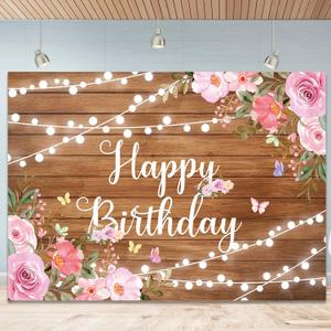 Rustic Wooden Happy Birthday Backdrop for Women 96x72 Inch Rustic Floor Glitter Lights Butterfly Photography Background Pink Floral Happy Birthday Backdrop Party Decorations Banner 8x6Ft (Brown)