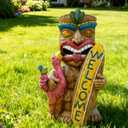 Solar Tiki Statue Outdoor Decor - Tiki Surfboard Welcome Sign Flamingo Waterproof Figurines for Tiki Bar,Patio,Balcony,Yard,Lawn Decorations,Gardening Gift for Tiki Lover