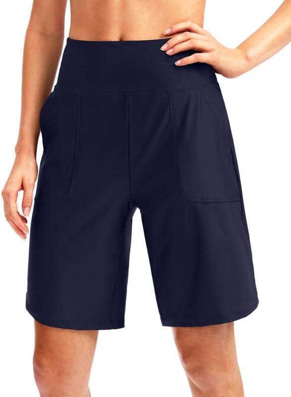 Viodia Women's 9" Long Swim Board Shorts with Pockets High Waisted Beach Swimsuits Knee Length Short for Women with Liner (Large, Navy)
