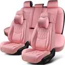 Pink Car Seat Covers Full Set, Breathable Leather Automotive Front and Rear Seat Covers & Headrest, Universal Automotive Vehicle Seat Cover for Most Sedan SUV Pick-up Trucks