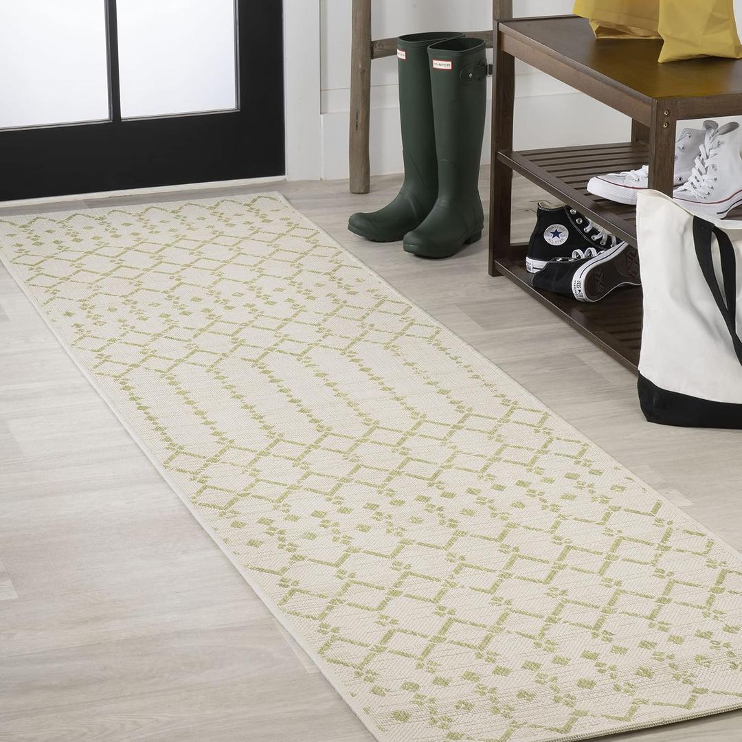 JONATHAN Y Moroccan Geometric Indoor Outdoor Runner Rug 2X8 Cream/Green, Ourika Textured Weave for Backyard, Patio, Porch, Easy-Cleaning, High Traffic, Pet-Friendly, Non-Shedding (SMB108M-28)