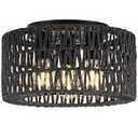 Rattan Ceiling Light Fixture, 3Light Bohemian Modern Woven Ceiling Light, Black Boho Flush Mount Ceiling Light for Bedroom Living Room Dining Room, Bulb Not Included