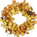 Fall Wreath for Front Door Autumn Eucalyptus Wreath with Orange Eucalyptus Leaves,Woodern Oak Leaves for Farmhouse Indoor Outdoor Window Wall Door Home Decor,Gift Box