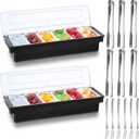 2 Ice Cooled Garnish Tray Deck Bar Garnish Caddy Condiment Containers with Lids and Removable Chilled Condiment Server with 6 Tongs and 6 Fruit Forks (6 Compartments)