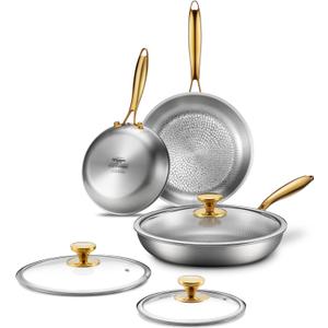Titanium Pans for Cooking | 8/10/12 Inch Pure Titanium Set with Lids | Hammered Chef-Grade Tagine Design | PFAS/PFOA/PTFE-Free | Induction & Oven-Safe, Dishwasher Safe