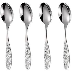 Ouliget Hammered Pattern Stainless Steel Bouillon Spoon,Embossed Pattern Flatware, Hammered Surface Dessert Spoons, 7 Inch, Set of 4.
