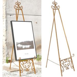 15"L x 25.5"W x 56.5"H Metal Scroll Extra Large Free Standing Adjustable Display Stand Easel with Chain Support, Heavy Duty Easel for Sign, Wedding, Picture Frame, Mirror, Gold (No Assembly Required)