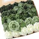 Floroom Artificial Flowers 25pcs Real Looking Forest Green Ombre Colors Foam Fake Roses with Stems for DIY Wedding Bouquets Bridal Shower Centerpieces Sage Green Floral Arrangements Decorations