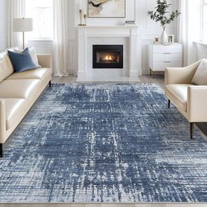 Abstract Living Room Rug 10x14 - Modern Washable Soft Thin Area Rug for Living Room Bedroom Under Dining Table - Neutral Indoor Floor Rug Carpets for Home Office Playroom Nursery - Dark Blue