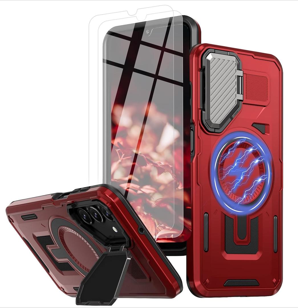 for Samsung Galaxy A16 5G Phone Case Built in Lens Protector [Compatible with Magsafe] [15 FT Military Grade Drop Protection] with 2X Tempered Glass Screen Protector Shockproof Case(Red)