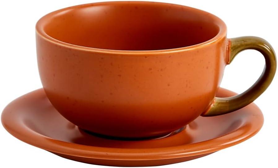 Coffeezone Vintage Design 12 oz Ceramic Latte Art Cappuccino Barista Cup with Saucer (Pumpkin Orange)