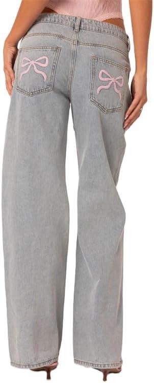 Indie Aesthetics Jeans for Women Gothic Punk Wide Leg Long Length Denim Pants Y2k Loose Casual Jeans Streetwear (Medium, Blue & Pink Bow)