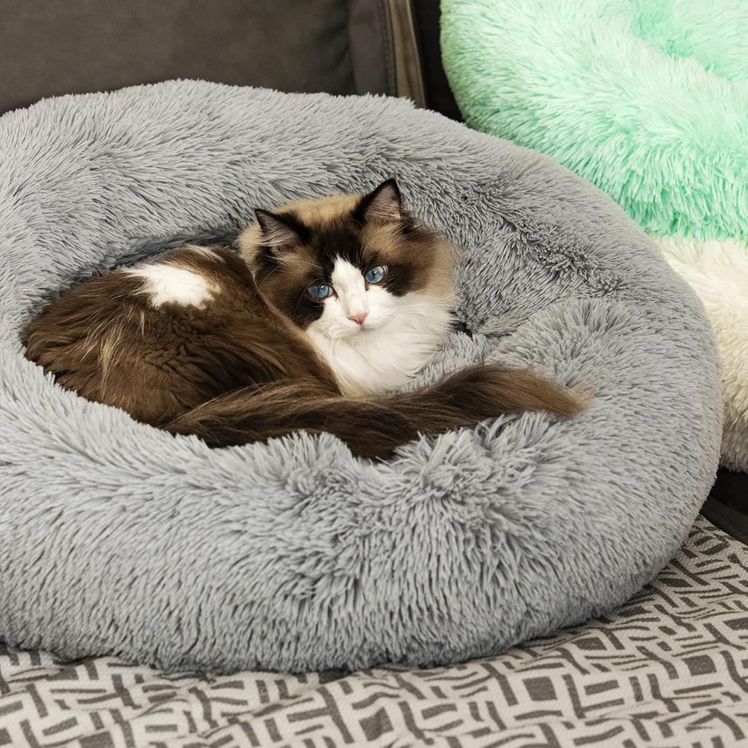 Anti Anxiety Round Fluffy Plush Faux Fur Warm Washable Dog Bed & Cat Bed, Original Bed for Small Medium Large Pets,Used to Relieve Joints and Improve Sleep (20", Light Grey)