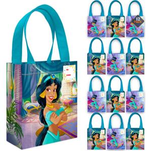 Princess Jasmine Party Favor Bags Set 12 Pack 8" Aladdin Goodie Bags for Kids Bulk Reusable Mini Totes | Disney Princess Jasmine Birthday Party Supplies