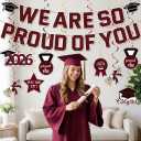 Pre-Strung Red and Black Glitter We are So Proud of You Graduation Banners, 2026 Graduation Hanging Swirls for Congratulation Graduations Party Supplies