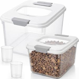 2 Pack Airtight Dog Food Storage Container Pet Dog Cat Food Storage Bin with Measuring and 2 Scoops for Rice Cat Bird Chicken Animal (10.5 x 8 x 6.5 Inches)
