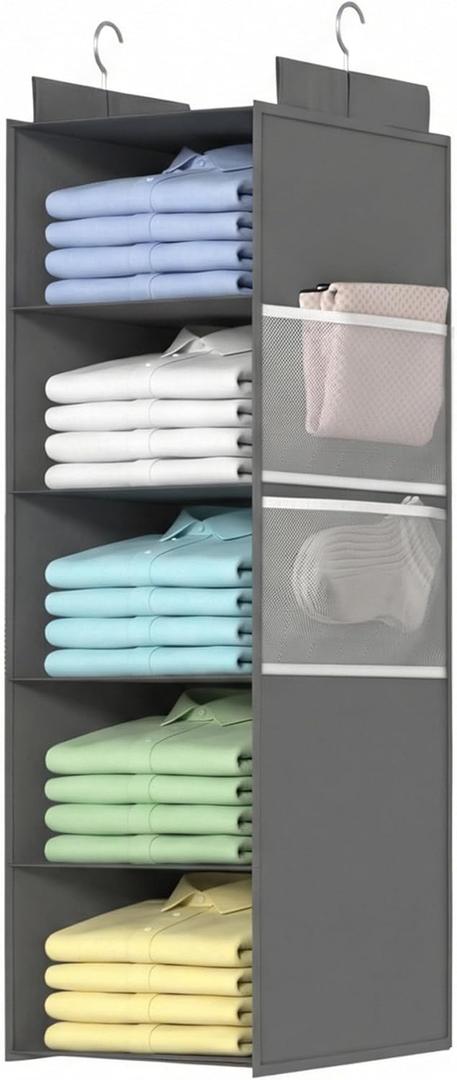 Deep Hanging Closet Organizers and Storage, Closet Hanging Storage Shelves with 5 Shelves and 4 Mesh Pockets, Heavy-Duty Closet Organizer for Clothes, Hats, and RVs and Dorm Essential,1-Pack, Grey