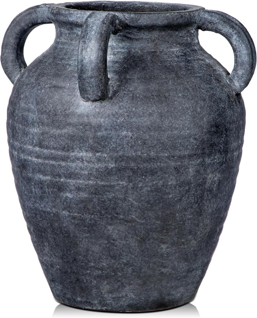 Handmade Flower Vase, 9.8" Tall Terracotta Vase, Vintage Ceramic vase, Rustic Antique Decor with 4 Handles, Wide Mouth, Matte Finish for Home Office Resto Caf Dcor