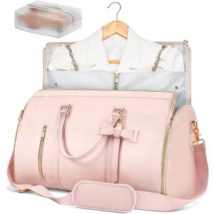 Garment Bags for Travel, Convertible Suit Travel Bag for Women, Stylish Carry On Garment Bag with Toiletry Pocket, Shoulder Strap and Shoes Compartment, 2 in 1 Foldable PU Leather Duffle Bag, Pink