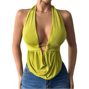 SOLY HUX Women's Sexy Halter Going Out Top Open Back Deep V Neck Sleeveless Vest Tank Tops Party Clubwear (Medium, Pure Green)