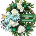 18" St. Patrick's Day Shamrocks Wreath for Front Door Artificial Clover Wreath with Hydrangea Green Leaves Bow Welcome Board for Irish St. Patrick's Day Decoration Home Spring/Summer Decor