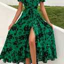 PRETTYGARDEN Women's Boho Floral Maxi Dress Summer Short Sleeve Wrap V Neck Long Flowy Beach Vacation Wedding Guest Dresses (Green, XS)