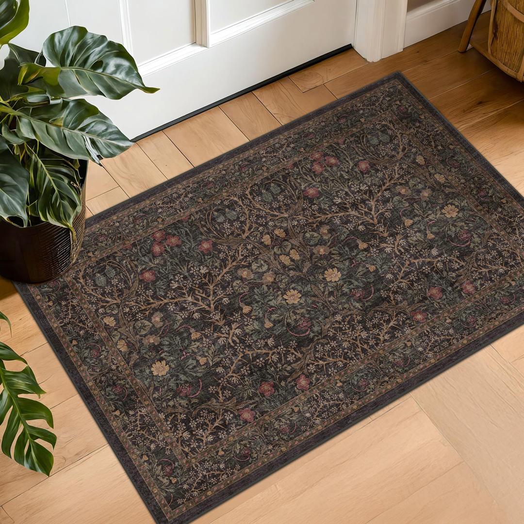 Vintage 7x9 Brown Rug for Living Room - Washable Oriental Area Rug for Dining Room Under Kitchen Table, Non-Slip Floor Carpet for Bedroom Under Bed - Boho Floral Design & Stain Resistance