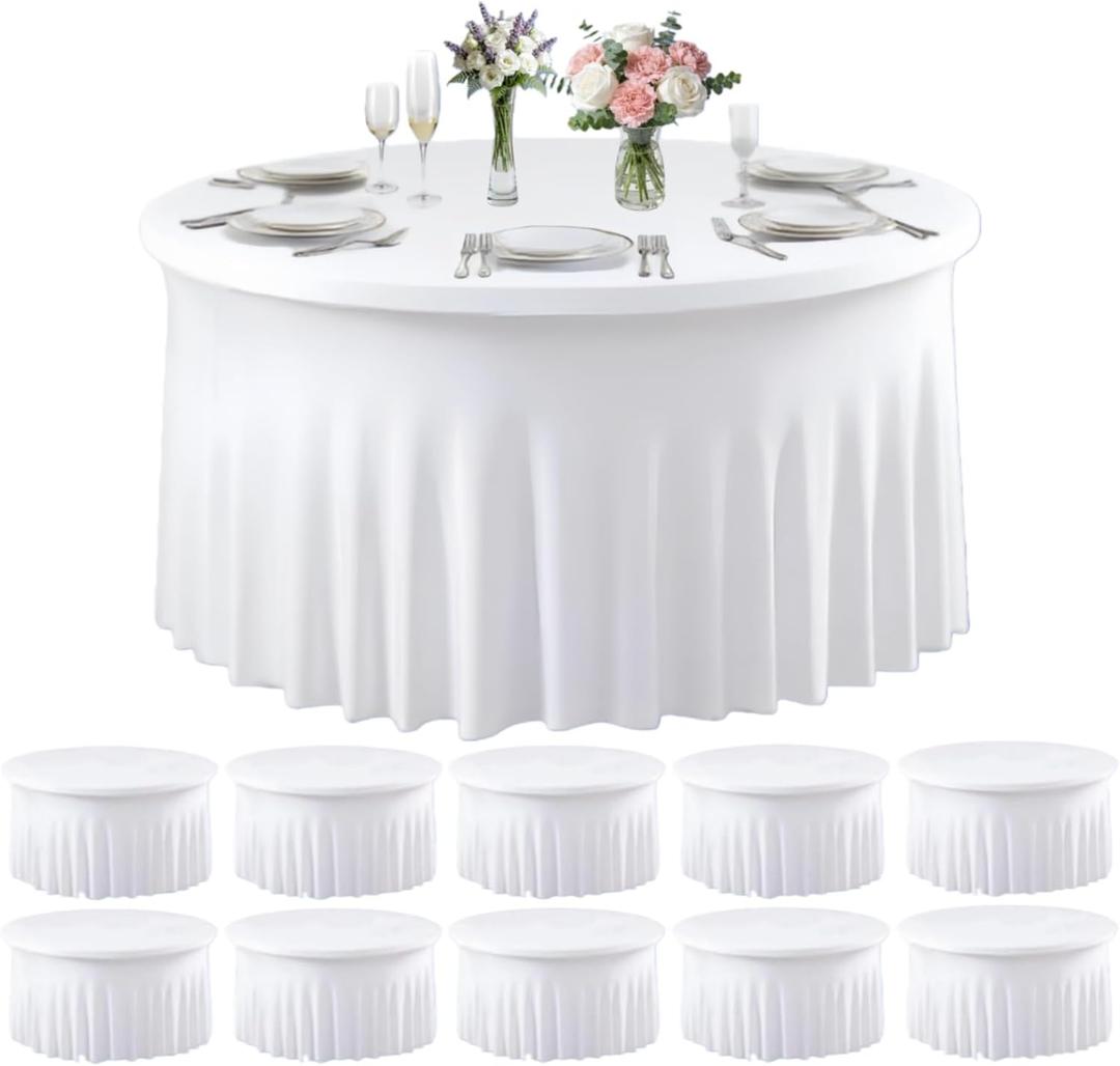 10 Pack White Spandex Round Tablecloths for 60inch Tables, 120 Inch Stretchy 5ft Round Fitted Tablecloth Wrinkle Free Washable Table Cloths Table Covers with Skirt for Wedding Party Birthday Banquet