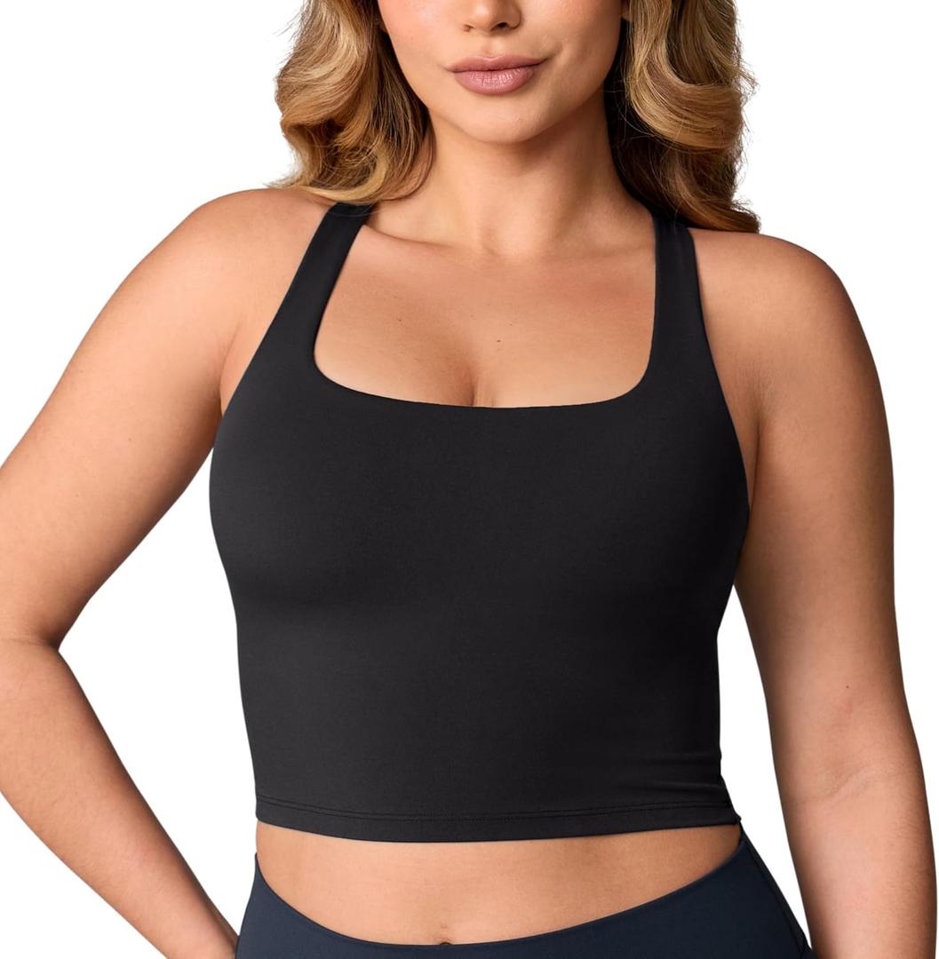 Hugcurve Adjustable Racerback Longline Sports Bras Square Neck Padded Yoga Workout Crop Tank Tops for Women (X-Small, Black)