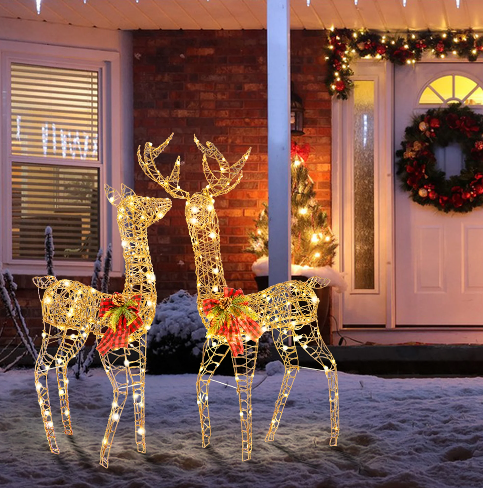 2 PCS Pre-lit Christmas Reindeer Family Deer Xmas Decoration with 200 LED Lights 27.60" x 14.40" x 43.20"