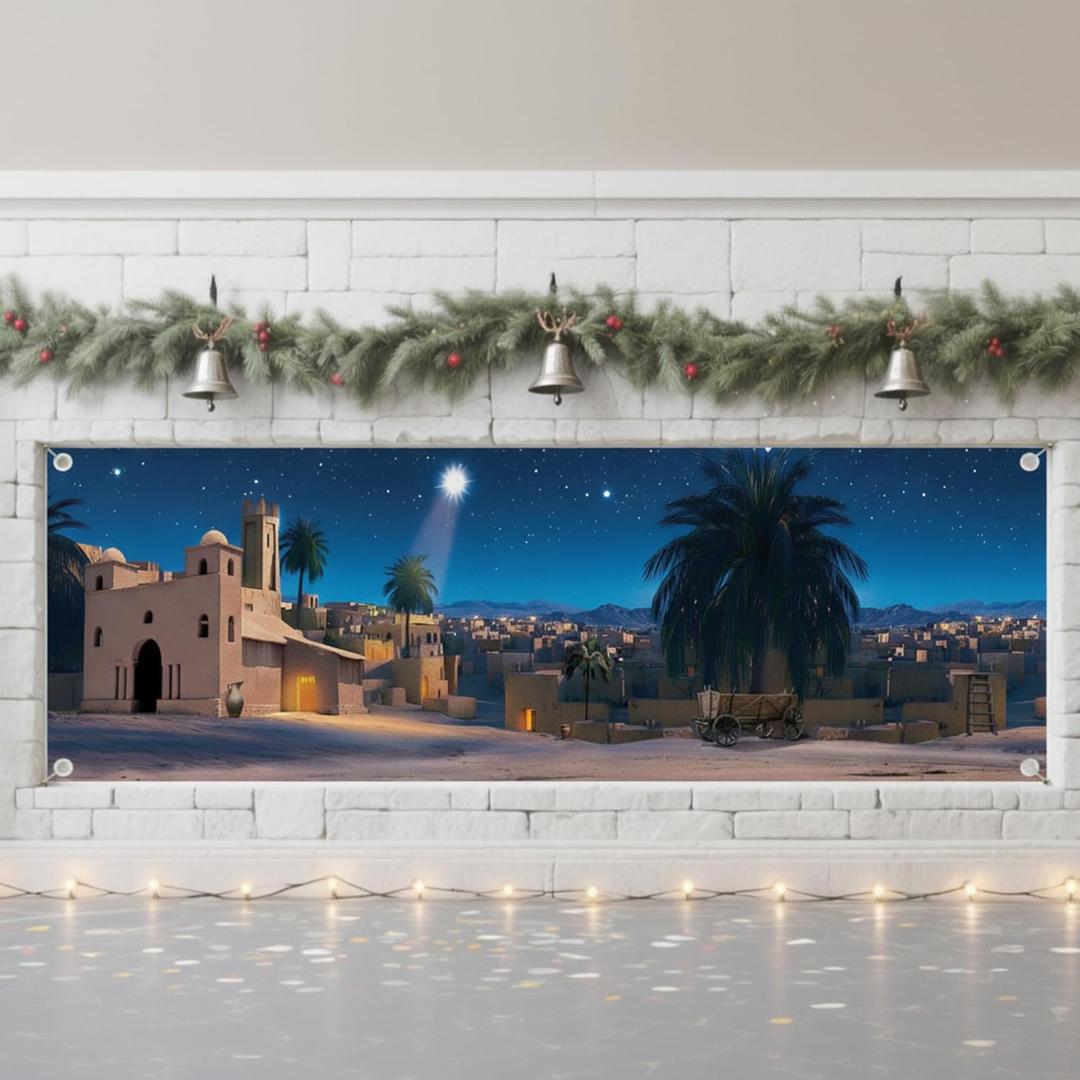18 x 6 ft Bethlehem Cityscape Nativity Scene Backdrop Star of Bethlehem Religious Church Christmas Decoration Bible Supplies Western Backdrop for Xmas Plays Pageants and Photo Plastic Props